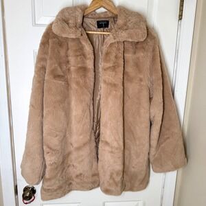 TAHARI Womens Faux Fur Coat Tan Teddy Bear Collar Button Up Jacket L